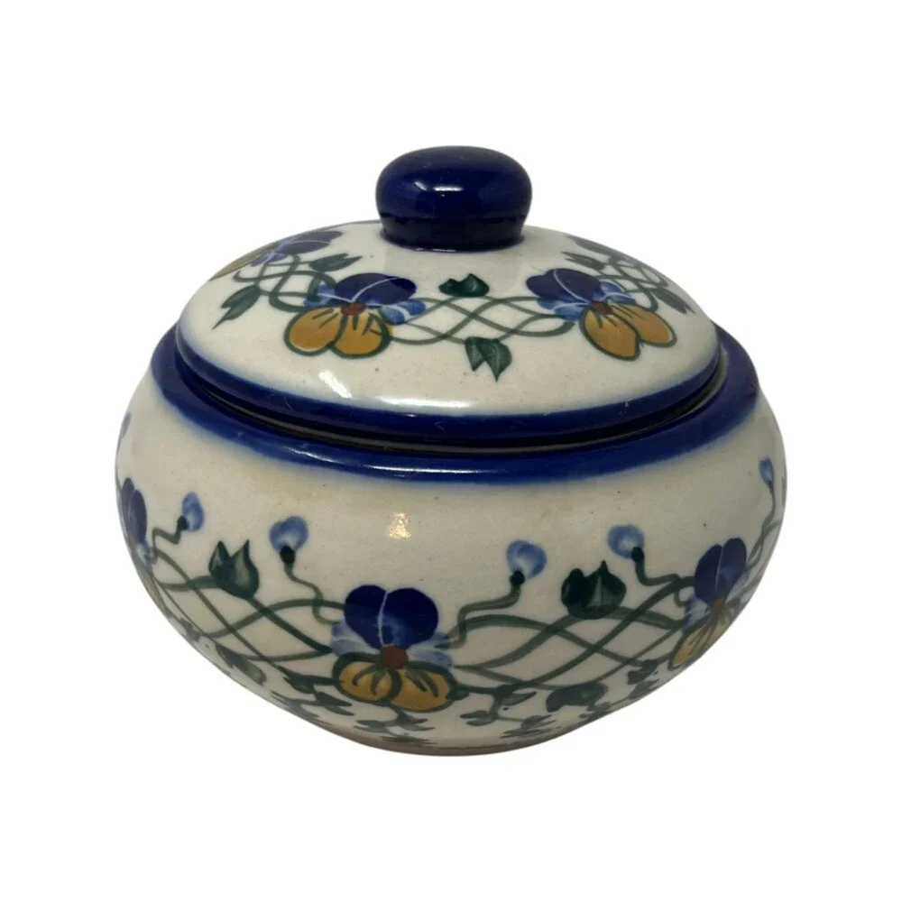 Boleslawiec Sugar Bowl Polish Pottery Unikat Floral Blue Yellow Covered Jar